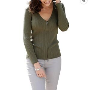 Lascana Women’s Ribbed Zipper Elegant Olive V-Neck Sweater Size 8/10